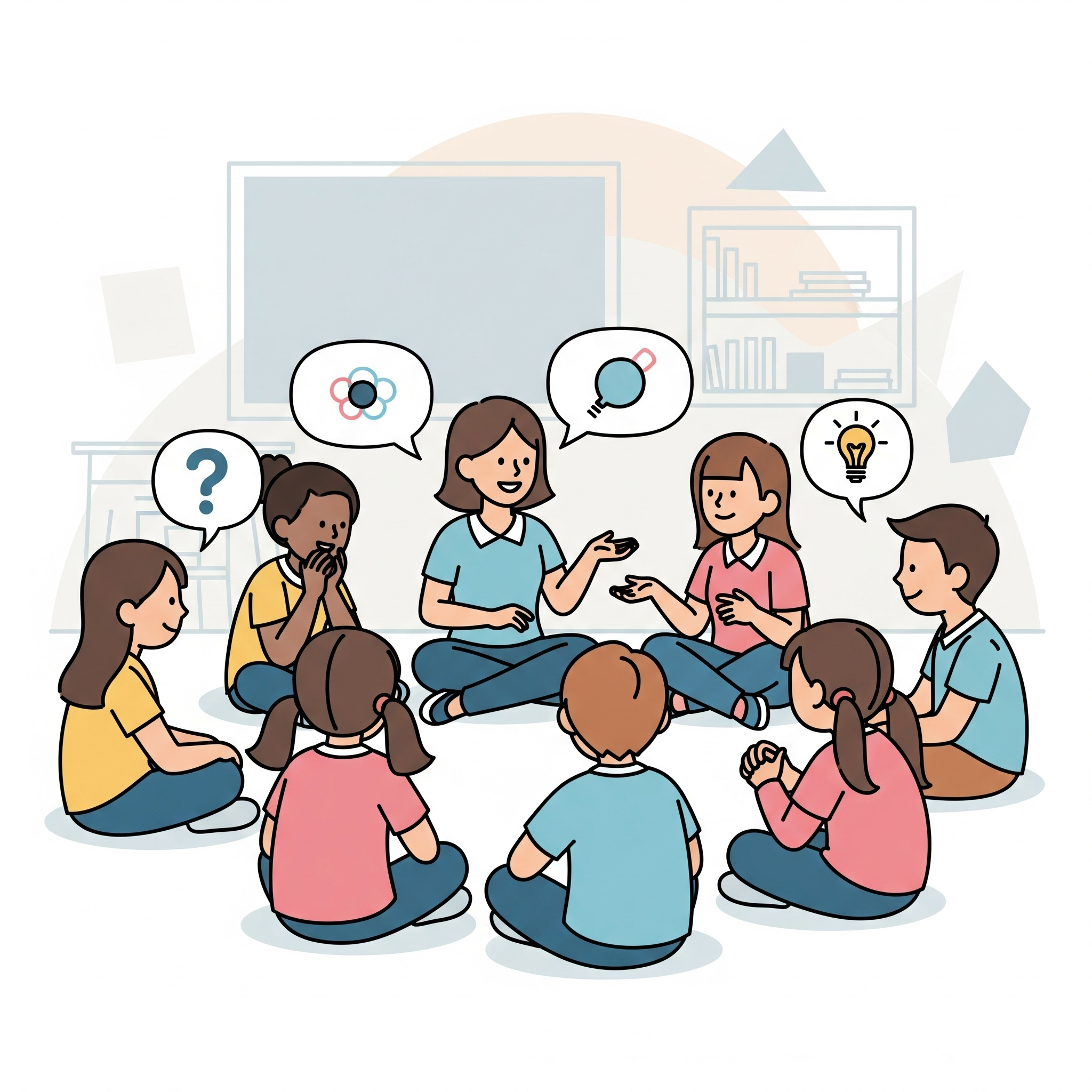 Students and teacher are engaging with each other during the circle time.